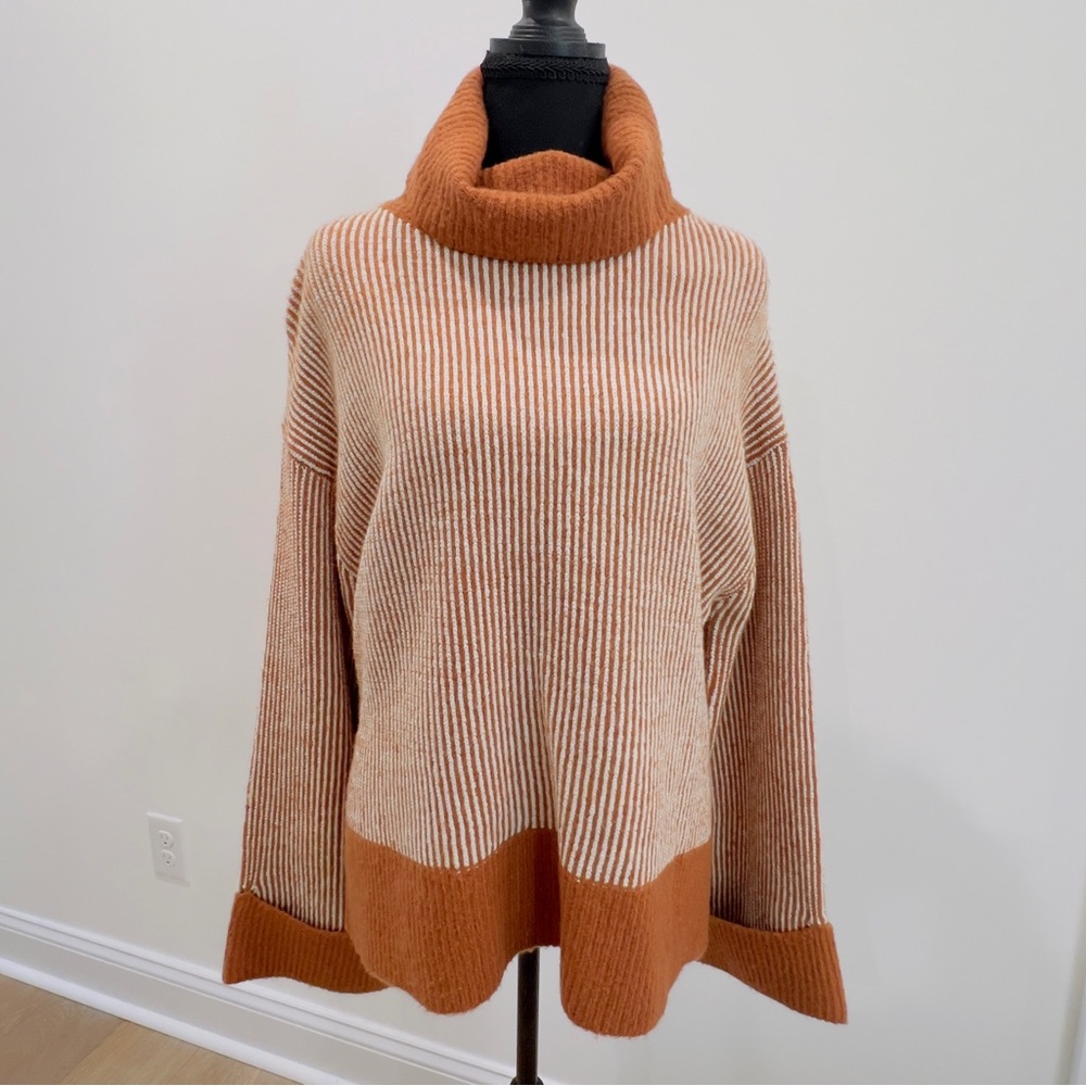 By Together Turtleneck Soft Sweater - Camel and Ivory Striped Large NWT